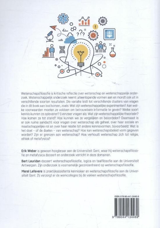 Achterkant van een boek met illustratie van een gloeiende gloeilamp in een hoofd, omringd door wetenschappelijke symbolen en tekst over wetenschapsfilosofie.