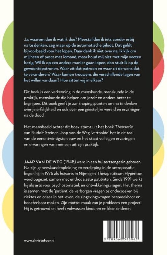 Achterkant boek met tekst over de inhoud en de auteur Jaap van de Weg. ISBN nummer 9789060388068. Website www.christofoor.nl.
