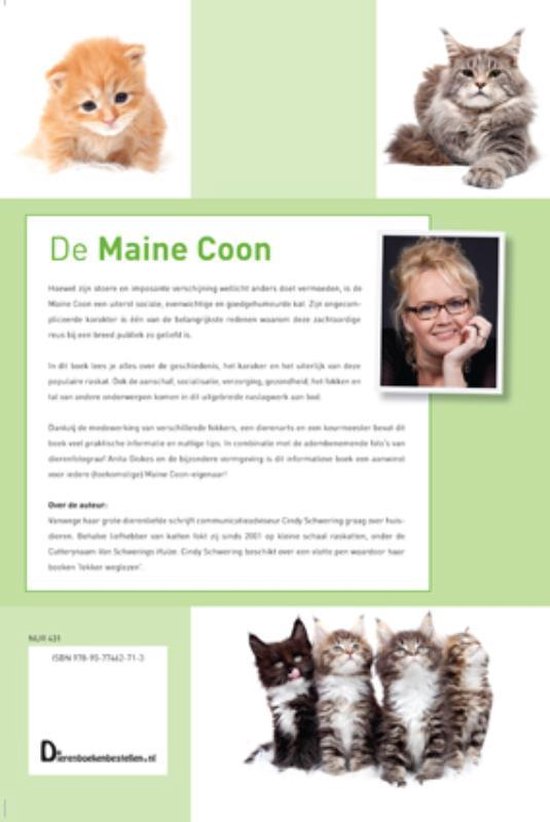 Boekomslag met een oranje kitten, een grijze Maine Coon, een foto van de auteur en vijf gestreepte kittens.