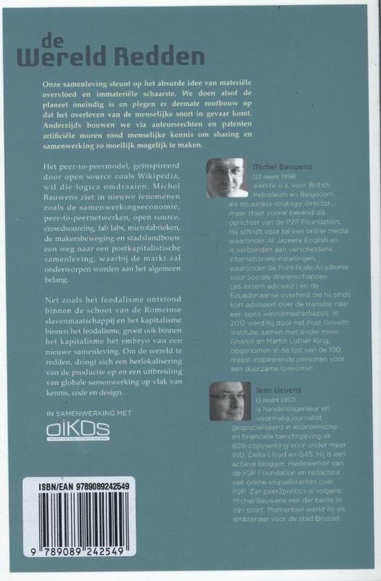 Book cover with title "De Wereld Redden" and author photo. ISBN 9789089242549.