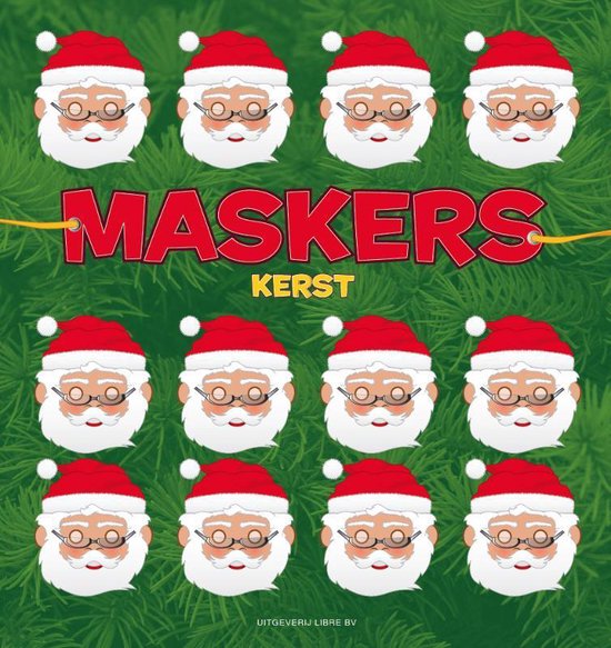 Twaalf kerstmanmaskers met rode kerstmutsen en brillen op een groene, dennentakachtergrond. Tekst: MASKERS KERST.