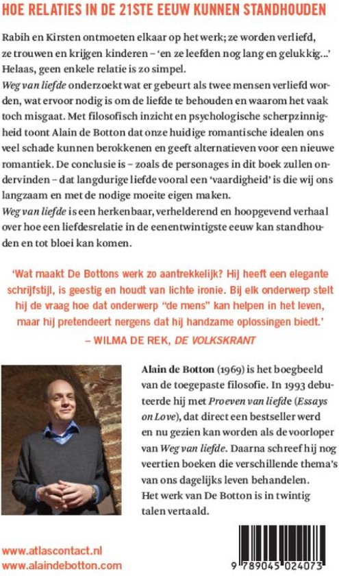 Boek 'Weg van liefde' van Alain de Botton, met foto van de auteur en tekst over het boek.