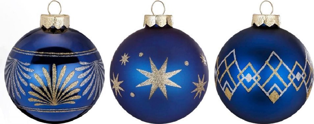 Set van 3 - Hippe Nachtblauwe Kerstballen Stijlvol Gedecoreerd - formaat 8 cm