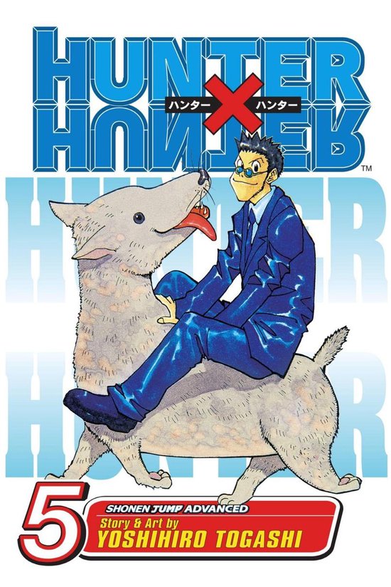 Un jeune homme avec des lunettes, vêtu d'un costume bleu, est assis sur un chien blanc. Au-dessus d'eux, "HUNTER x HUNTER".