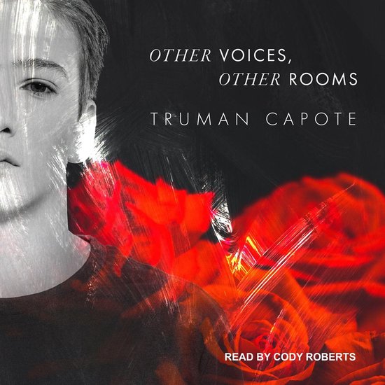 Boekcover met de titel 'Other Voices, Other Rooms' van Truman Capote, met een portret van een jongen en rode rozen.