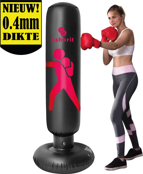 Ashbrit® Staande Opblaasbare bokszak met stevige vulbare voet - Extra stevige 0.4mm uitvoering - 1.60 m - Zwart