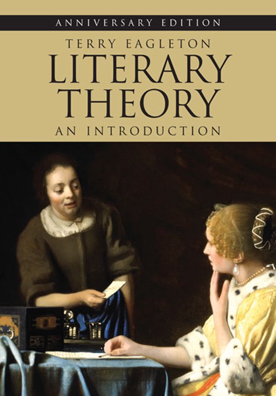 Boekomslag van Literary Theory: An Introduction, anniversary edition, door Terry Eagleton. Twee vrouwen uit de 17e eeuw zijn afgebeeld, in gesprek over papieren.