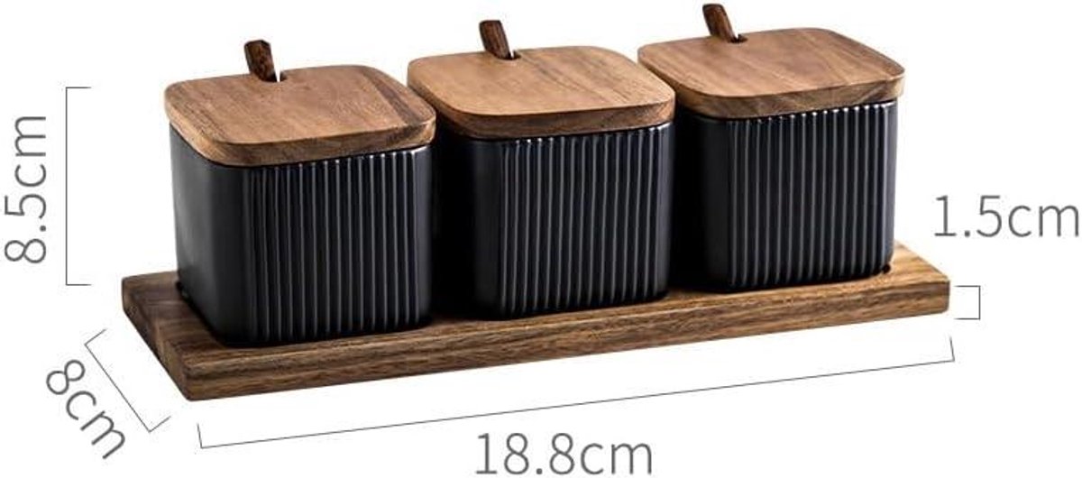 Provento - Keramische Kruidenpot met Lepel 3 Stuks Blauw | Vierkante Zout Container Suikerkom_met Houten Deksel.