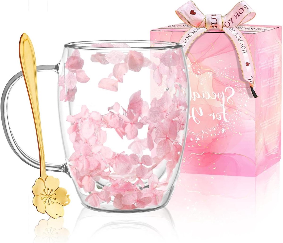 CSGoods - Dubbelwandige Glazen Koffiemokken met Gedroogde Bloemen - Theekopjes voor Herfst en Kerst - Verjaardagscadeau voor Vrouwen, Leraar en Mama