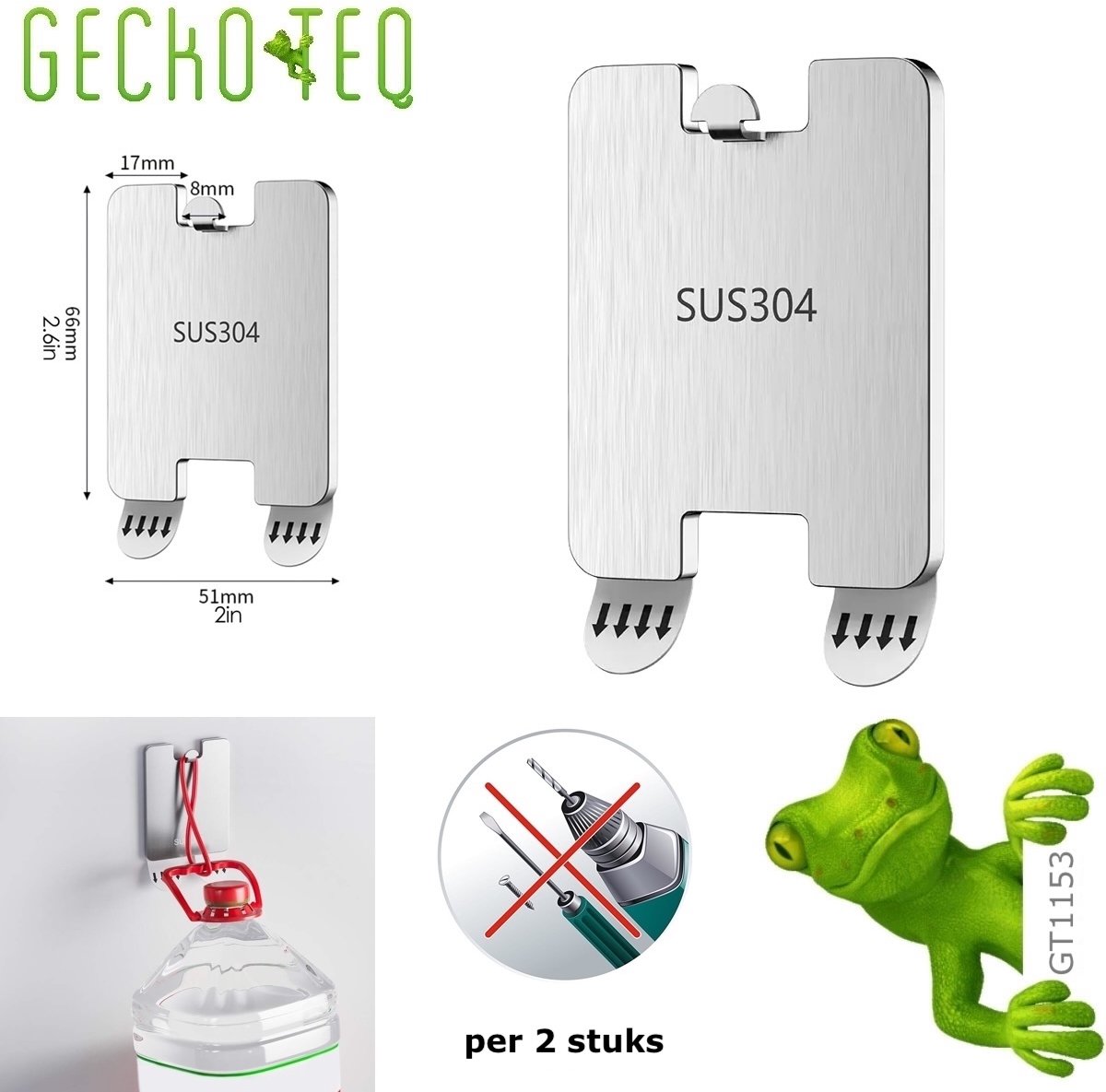 GT1153 GeckoTeq 2 stuks zelfklevende Roestvrij stalen (RVS) ophang haakjes voor o.a. schilderijen – 5kg draagvermogen