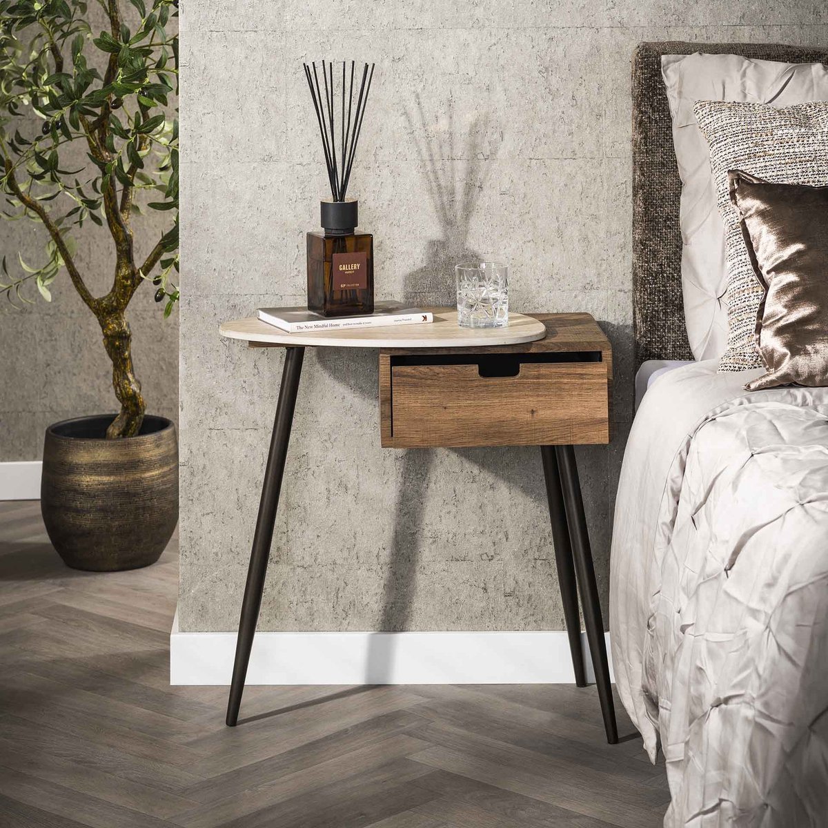 PS-Collection Nachtkastje Travino Links - Beige - Keramiekblad - nachtkastje, nachtkastjes, nachtkastjes industrieel, nachtkastjes modern, nachtkastje zwevend