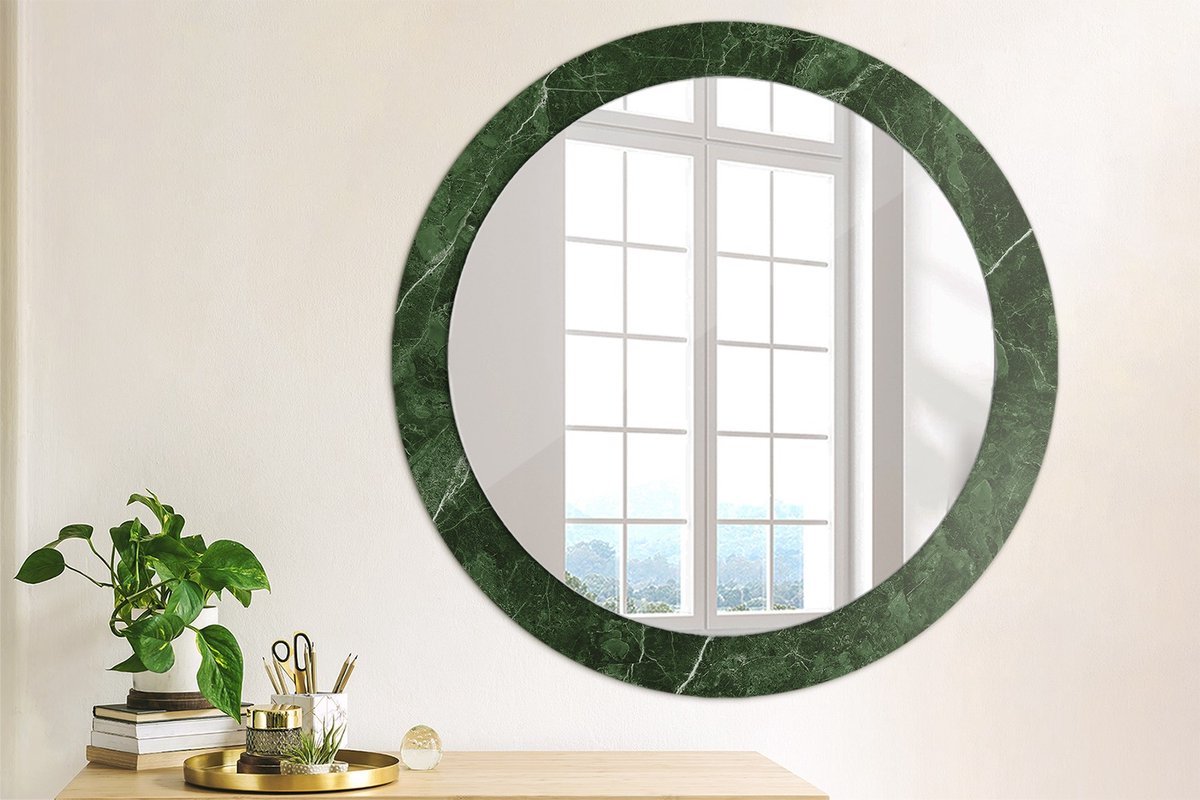 Wallfluent Bedrukte Ronde Spiegel - Ronde Wandspiegel Decoratieve Print Groen Marmer - 80