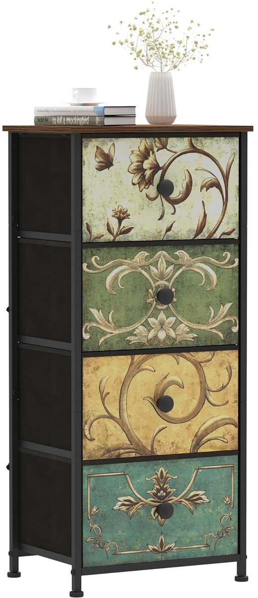 TRANKIELO® - Commode met 4 stoffen laden – Smalle kaptafel – Industrieel ontwerp voor slaapkamer, woonkamer, hal
