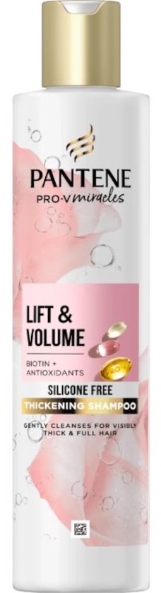 Shampoing épaississant Pantene Pro-V Miracles Lift & Volume dans une bouteille blanche avec un bouchon doré, décoré de fleurs roses. Sans silicone.