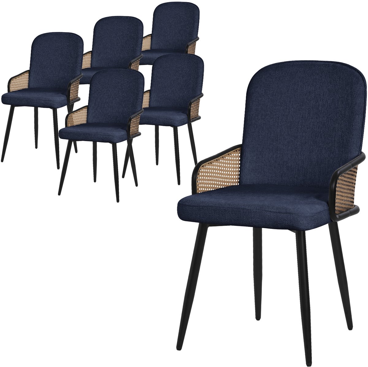 ml-design eetkamerstoelen set van 6 donkerblauw gestoffeerde keukenstoelen met armleuningen en rugleuning rotanlook comfortabele ergonomische stoffen eetkamer fauteuils met metalen poten luxe lounge accentstoelen voor eettafel en woonkamer