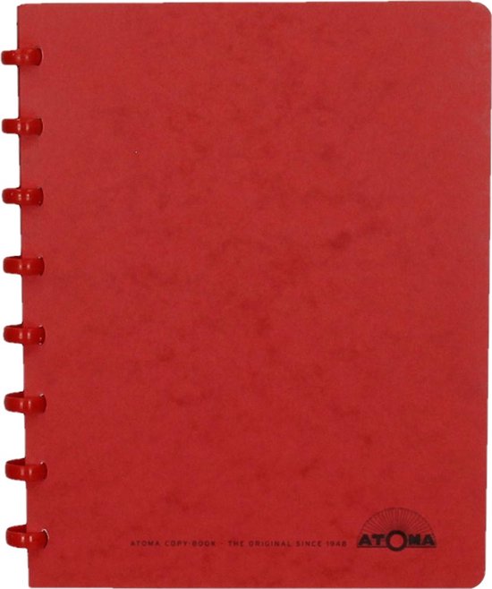 Carnet Atoma rouge, format A5, 144 pages lignées, avec spirale rouge en plastique. Texte : 'ATOMA COPY BOOK - THE ORIGINAL SINCE 1948'.