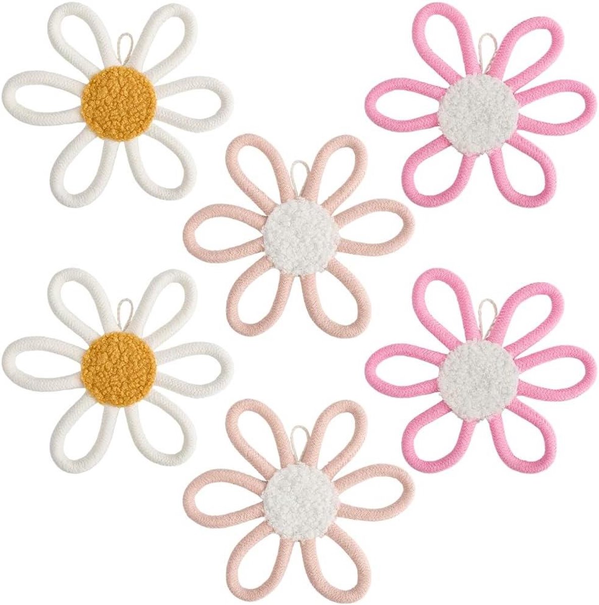 CSGoods - Boho bloemen wanddecoratie voor kinderkamer - 6 stuks - Meerdere kleuren - Geweven bloem muurkunst - Macramé boho decoratie - Boheemse muur opknoping plaquette - Thuis en boerderij decoratie.