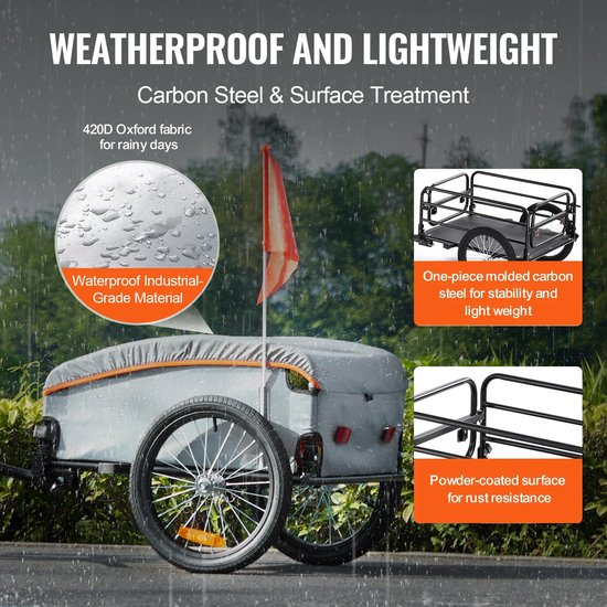 Lunekiss Fietskar - Opvouwbare Cargo Trailer met 100 kg Draagvermogen - Stalen Transportkar met Regenhoes - 22–28 inch van Merkloos — afbeelding 4
