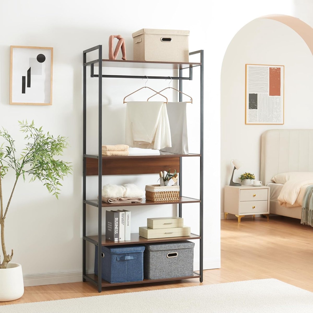 Kledingkast Altameubel Larem Trio – 3-Delige Open Garderobekast Set met 4 Lades, 6 Open Vakken & 3 Kledingroedes – Staand Rek Metaal & Walnoot – Contemporary Design – 180x84x40 cm per kast