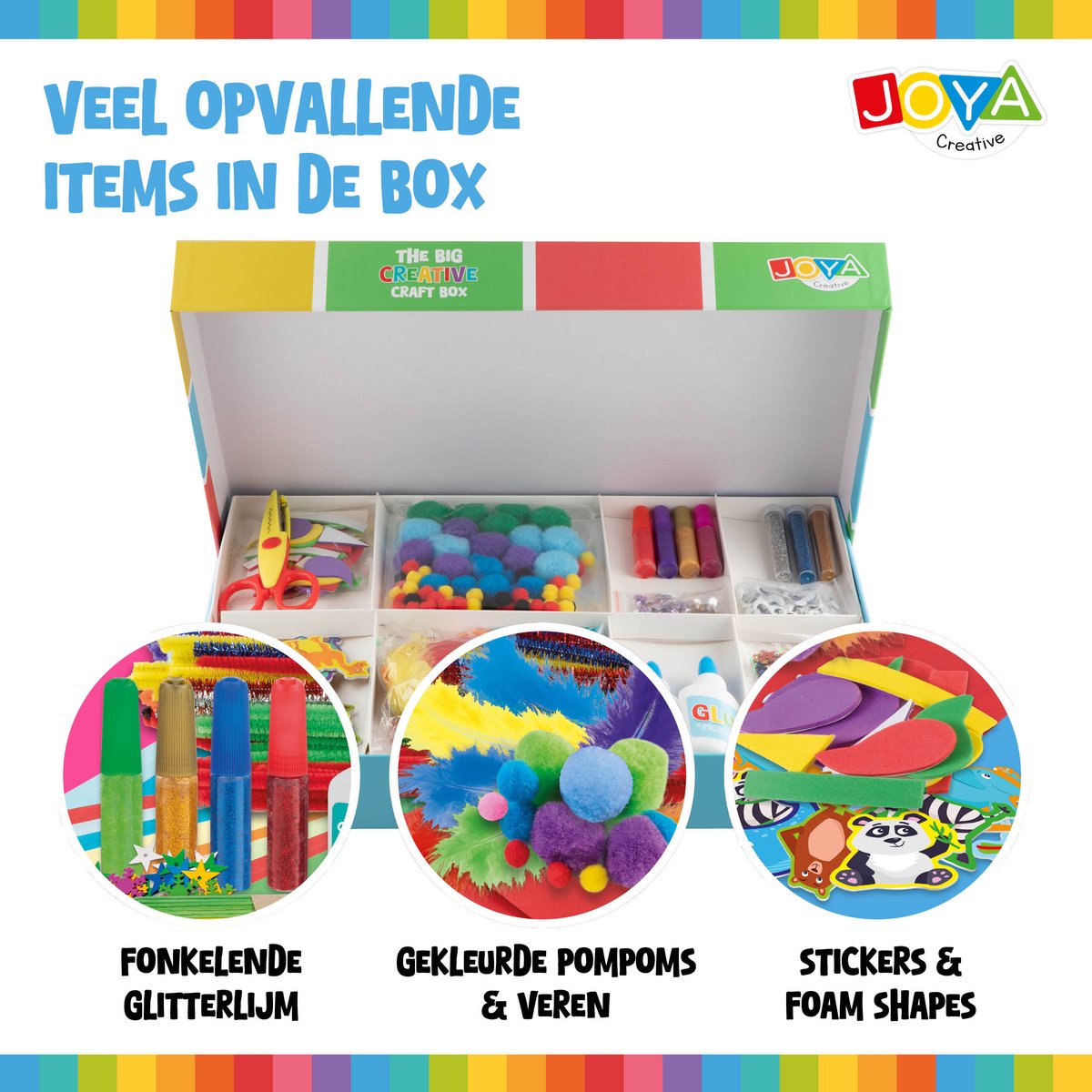 Knutselkoffer - 1000+ Onderdelen Knutselpakket voor Kinderen - Knutselen voor Kinderen en Meisjes - Knutselkoffer met Papier, Glitter, Foam, Pompoms en Inspiratieboek - Creatieve Knutselset 3+ - Joya Creative — afbeelding 5