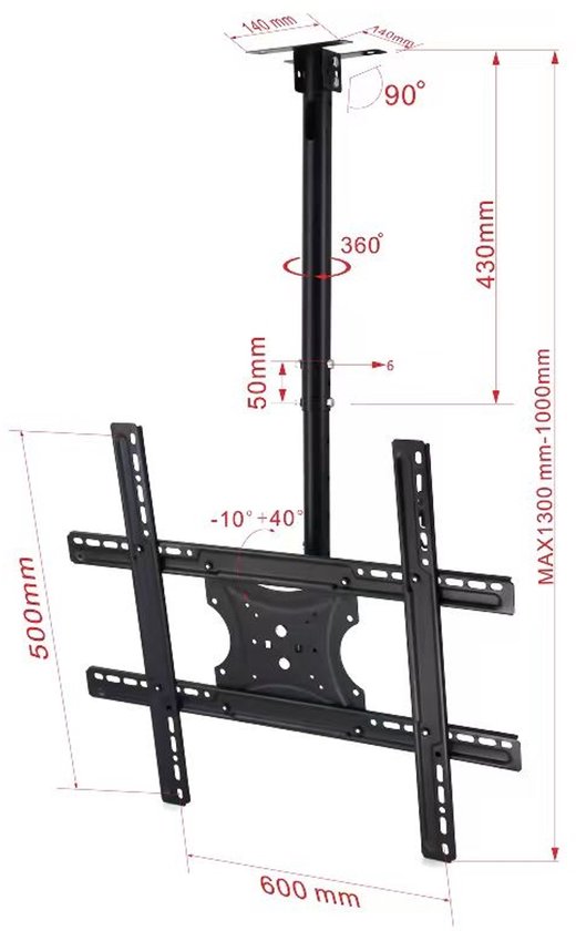 Zwarte plafond TV-beugel met afmetingen en draai- en kantelhoek (360°/90°/-10° tot +40°).