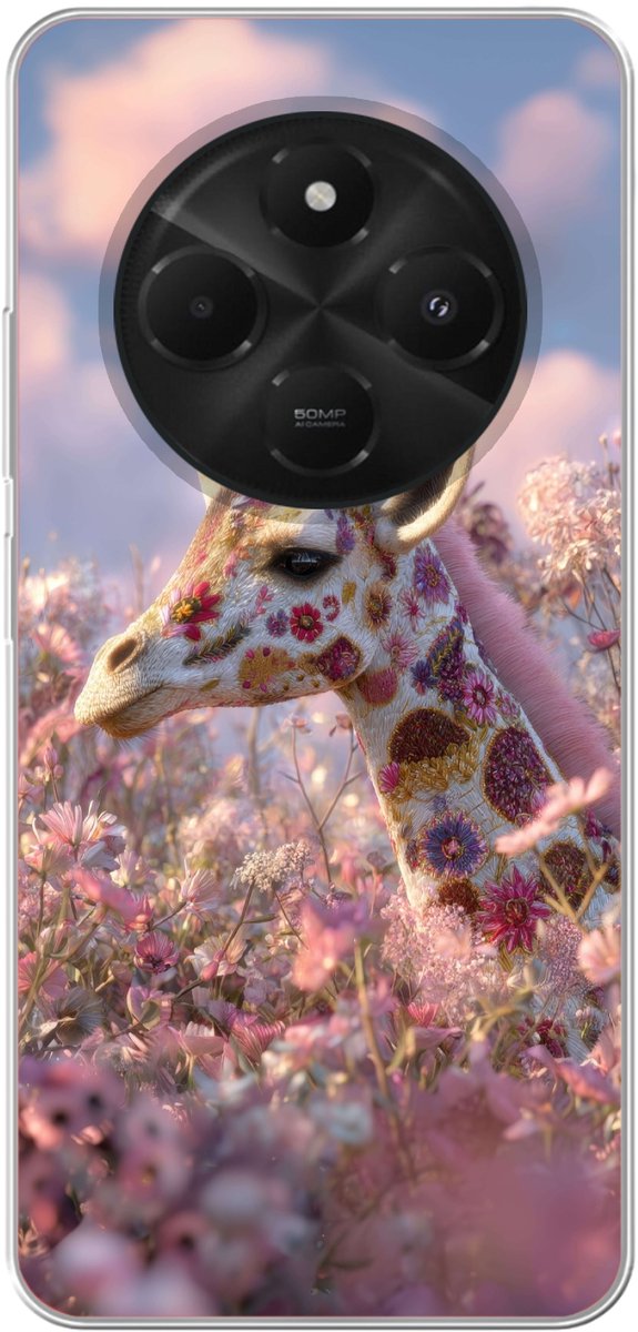 Telefoonhoesje Geschikt voor Xiaomi Geschikt voor Poco C75 hoesje - Giraffe - Bloemen - Roze - Siliconen Telefoonhoesje Telefoonhoesje