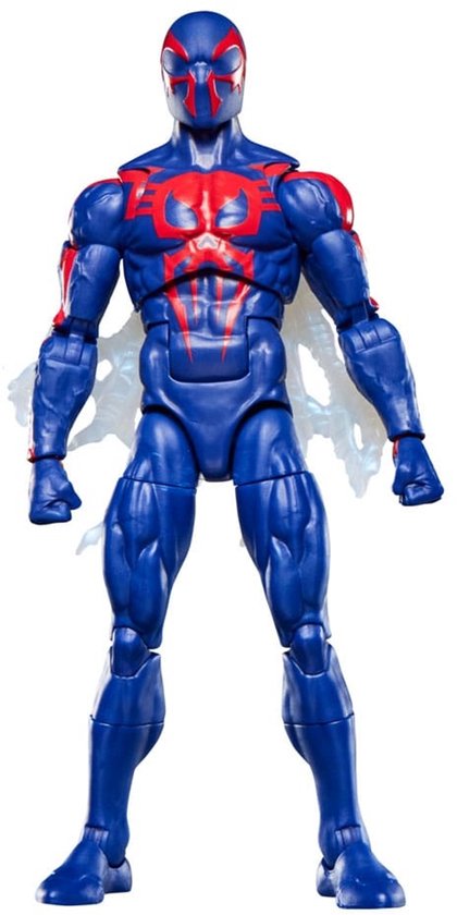 Actiefiguur van Spider-Man 2099 in blauw met rode accenten en een witte cape.