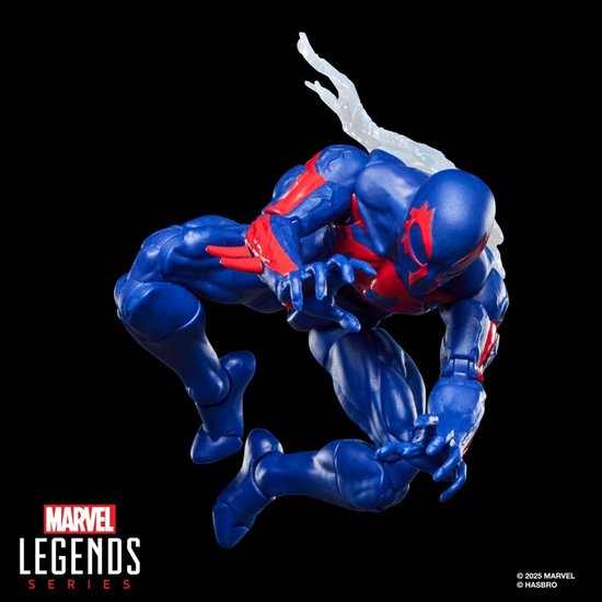 Spider-Man 2099 actiefiguur in blauw met rode details in een duikende pose.