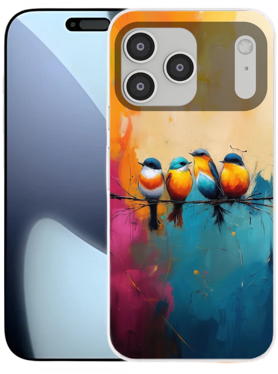 Telefoonhoesje Geschikt voor iPhone 17 Pro max hoesje - Vogels - Kleurrijk - Tak - Abstract - Siliconen Telefoonhoesje Telefoonhoesje