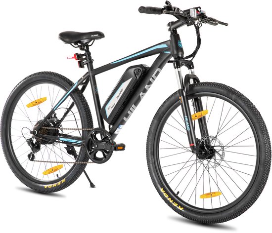 Zwarte Hiland e-mountainbike met blauwe accenten, verwijderbare 36V 7.8Ah accu en schijfremmen.