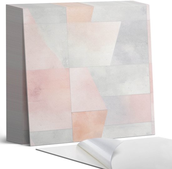 Een stapel zelfklevende tegels met een geometrisch patroon in pastelroze, grijs en wit.