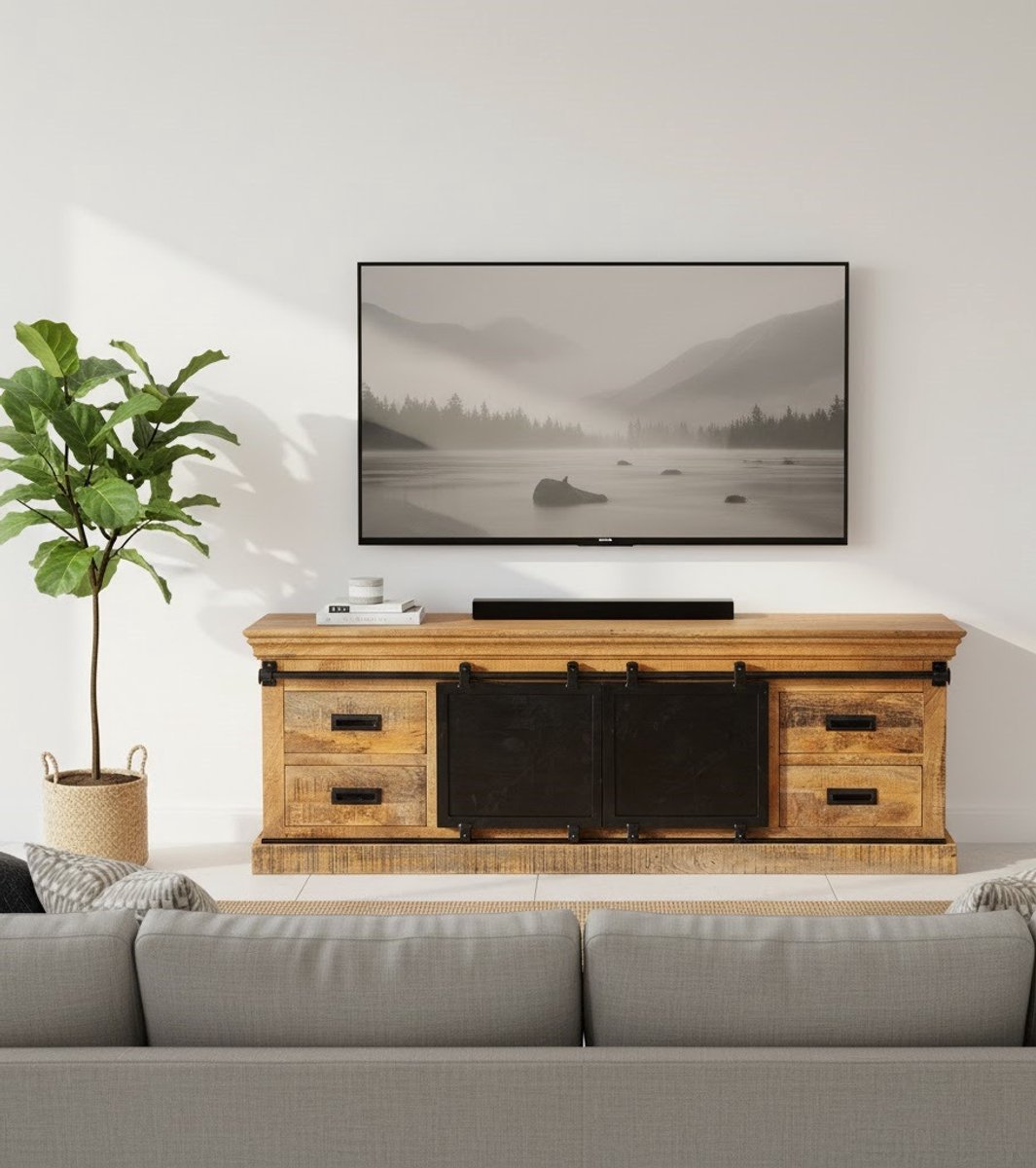 Milanora TV-Meubel van Mangohout 160×50×45 cm – Industriële Kast met Stalen Schuifdeuren – Volledig Gemonteerd – Altameubel