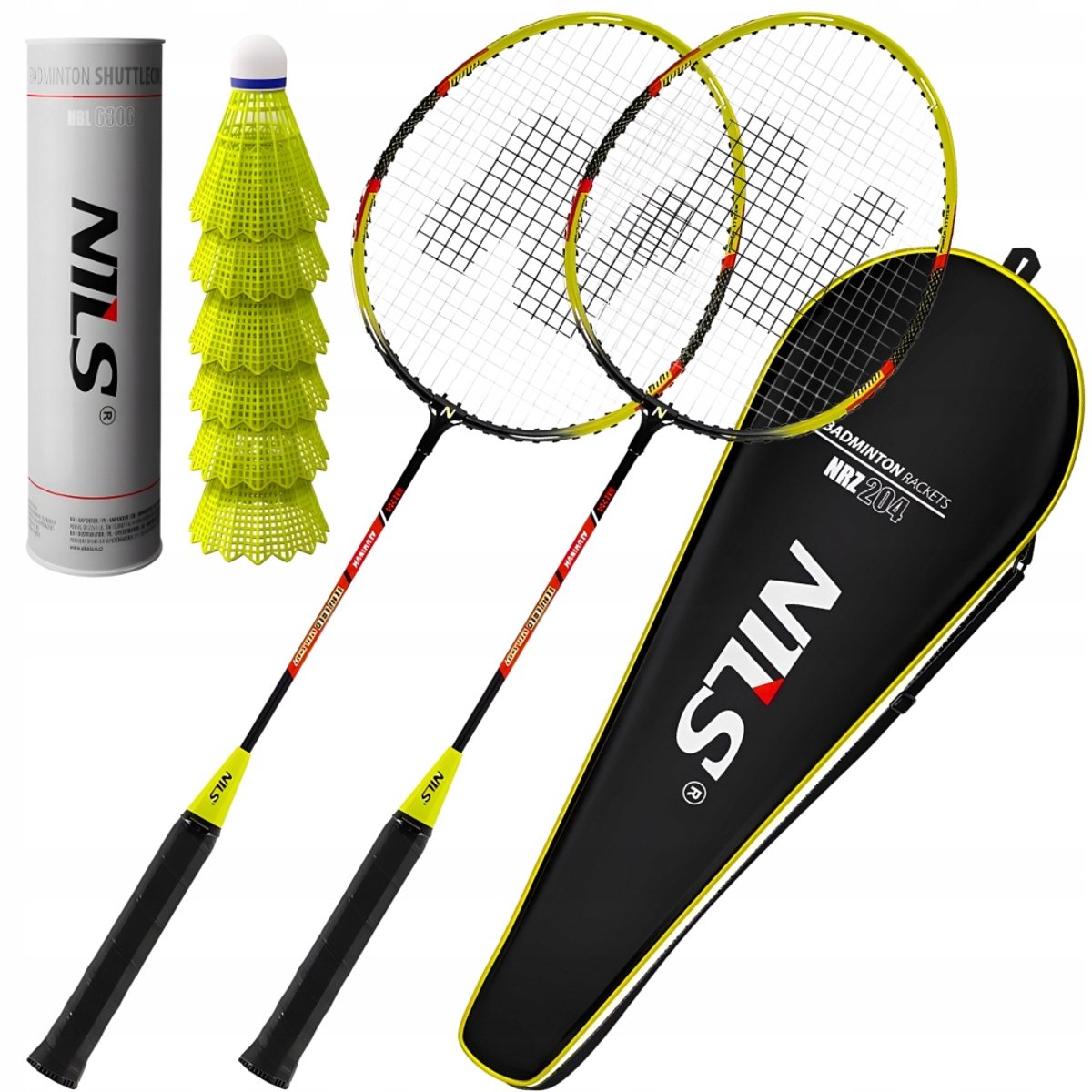 NILS Badmintonset: 2 rackets, 6 shuttles en hoes