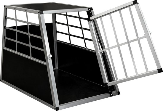 Aluminium hondenkennel met zwarte wanden en openklapbare deur.