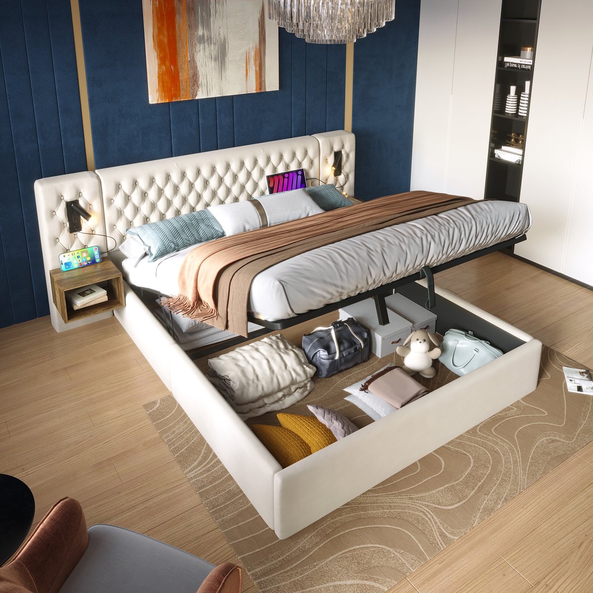 Bed 160x200 cm - Beige fluweel - Hoofdbord + 2 nachtkastjes - Hydraulisch opbergsysteem - 
