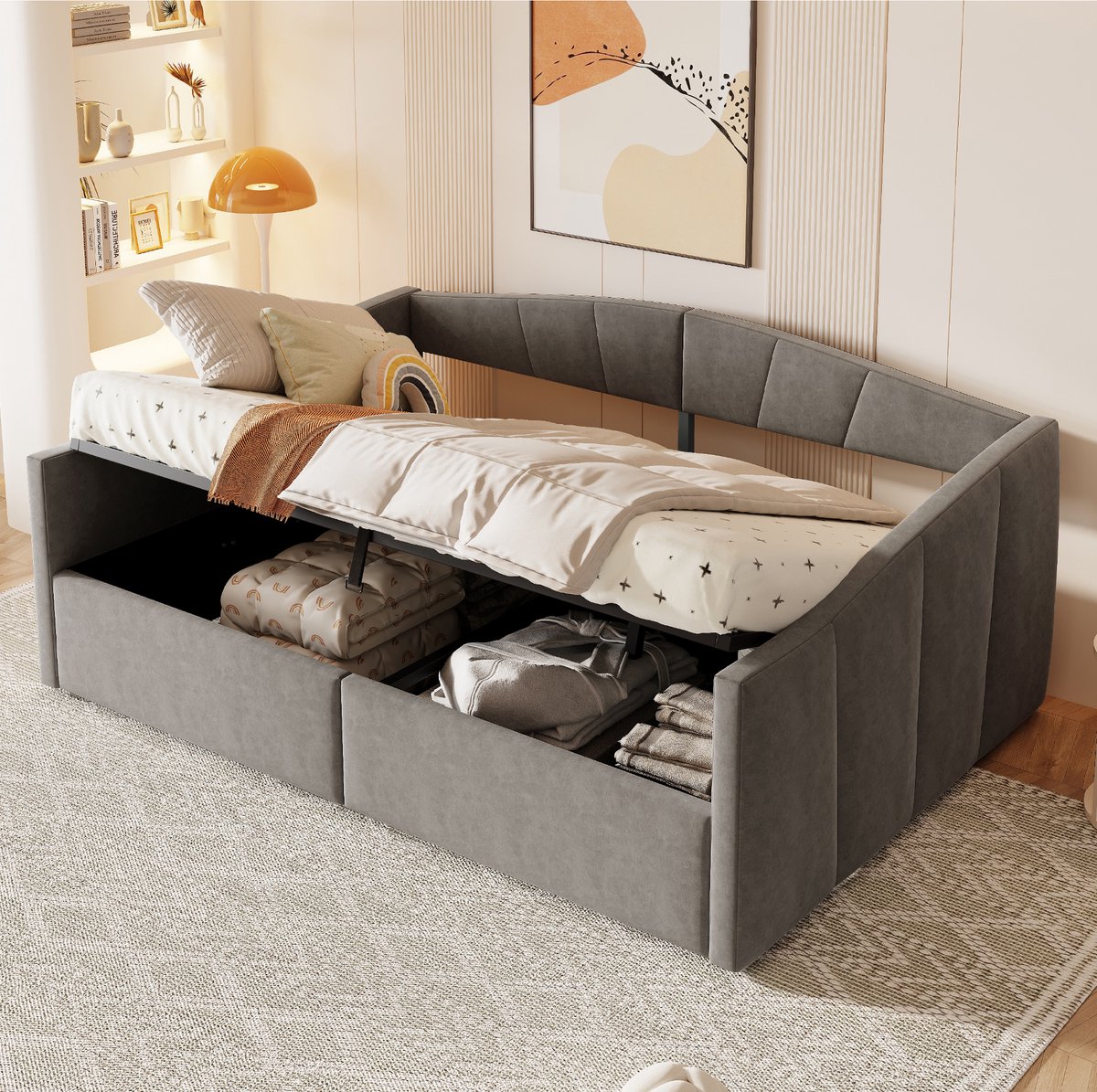 Slaapbank 140x200 cm - Lattenbodem 26 latten - Hydraulisch opbergsysteem - 300 kg belastbaarheid - Multifunctioneel bank/bed - Elegant strepenpatroon grijs - Comfortabele fluweelstof