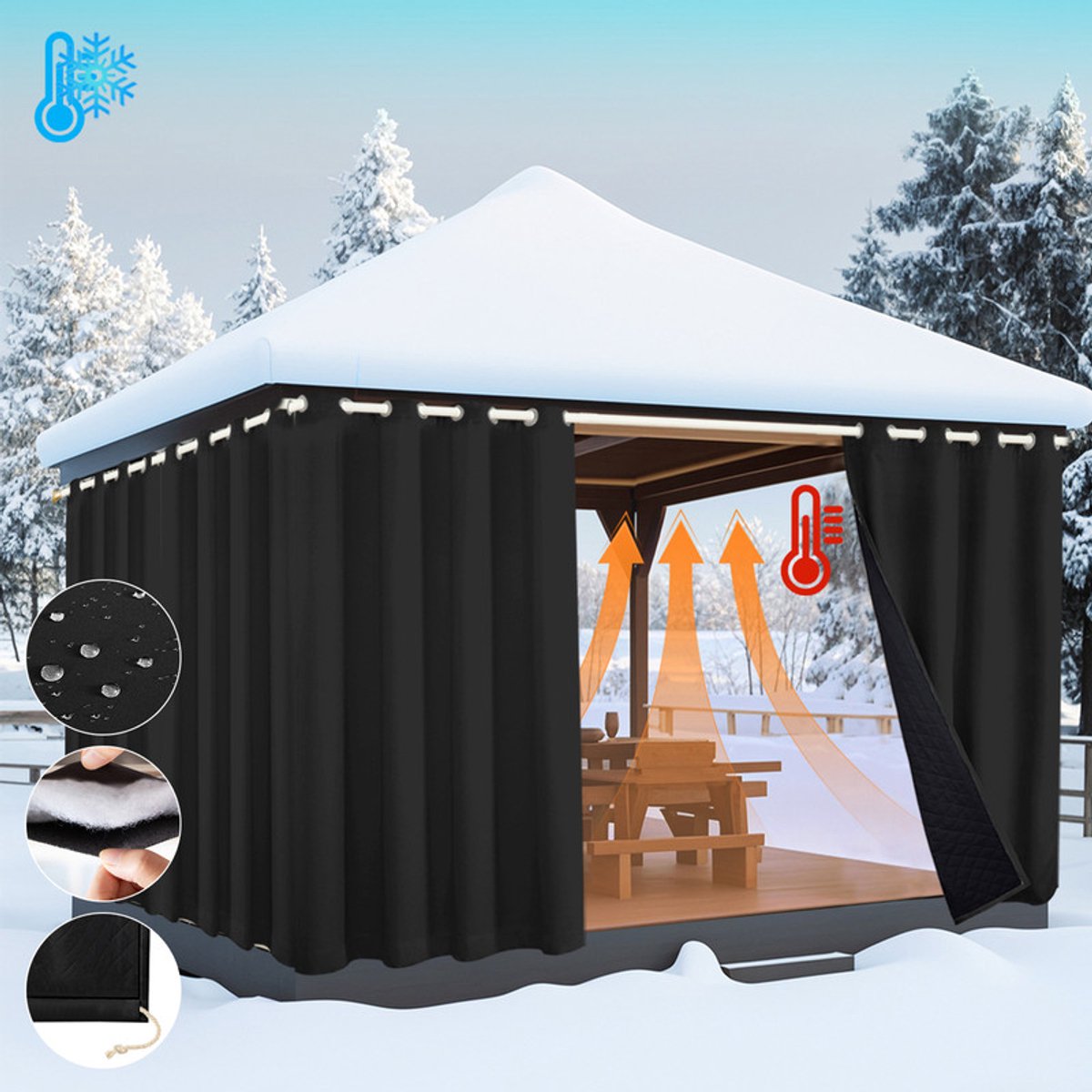 MUPOO 2x Waterdicht Winddicht Deurgordijn - Thermisch Isolerend 405gsm - Verduisterend - Warmte & Koudwerend - Oogjes & Stangzak - Gewatteerd - voor Lakeside Cottages, Balkon, Thuis, Pergola(Zwart, B132xH244cm)