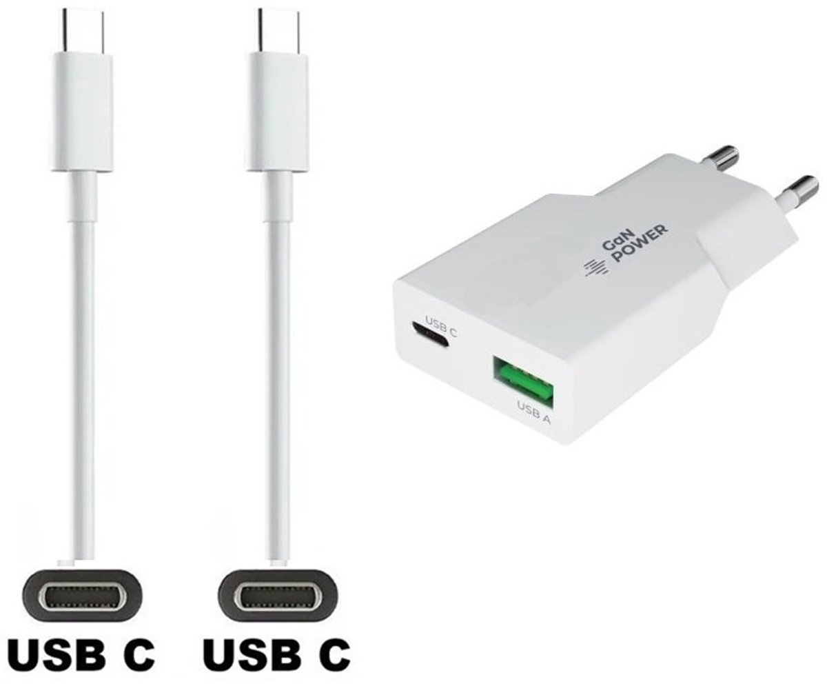 OneOne 30W snellader met 2 poorten + 1,5m sterke USB C naar C kabel. PD PPS lader. GAN oplader adapter past op Apple iPad 9, iPad 10, iPad Air 4, iPad Air 5, iPad Mini 6, iPad Pro 11, iPad Pro 12.9, iPad Air 11, Air 13, iPad Pro 11, Pro 13