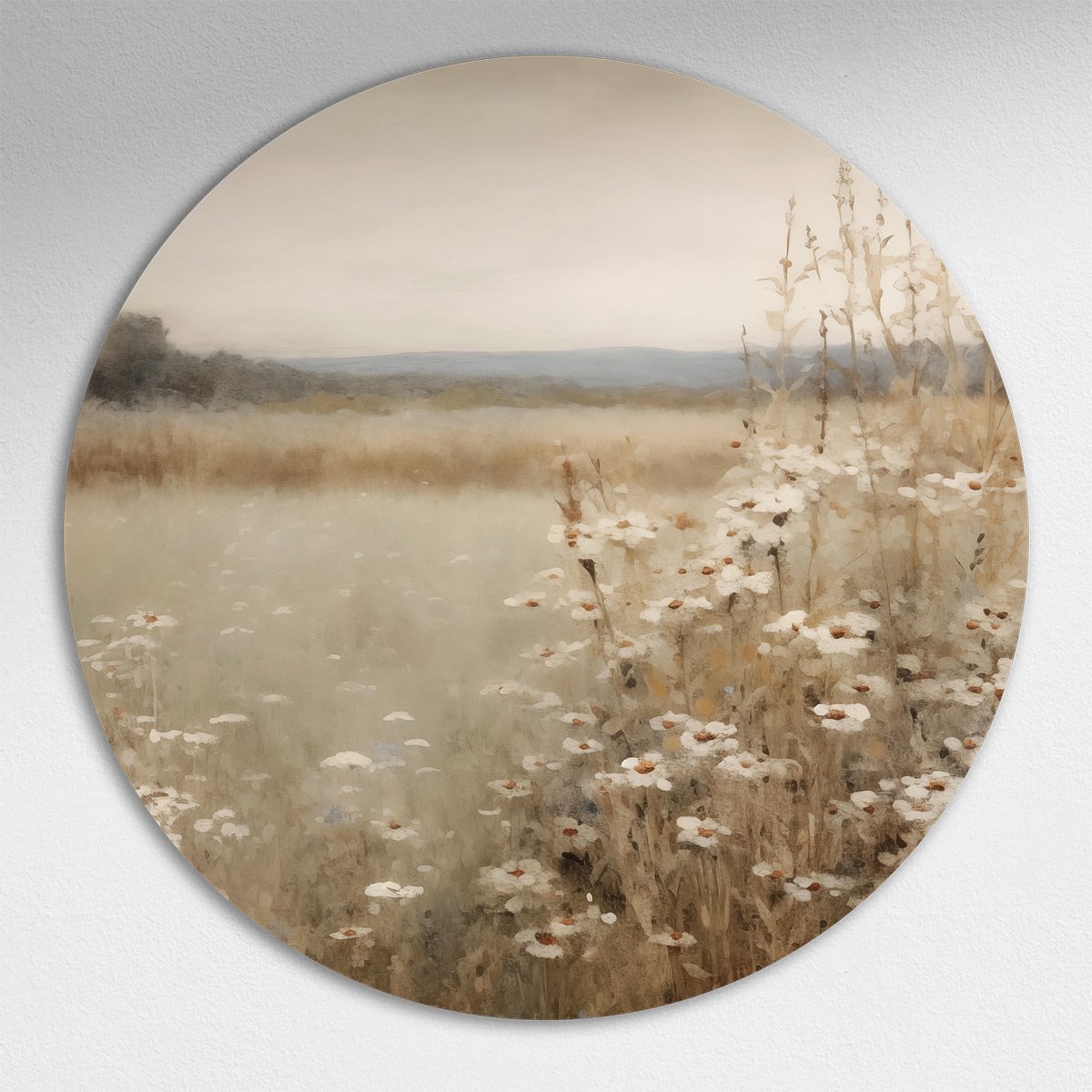 Sereen Bloemrijk Landschap Muurcirkel - Luxe Muurcirkel 120x120 cm op Dibond - Sfeervolle Wanddecoratie voor Woonkamer & Slaapkamer