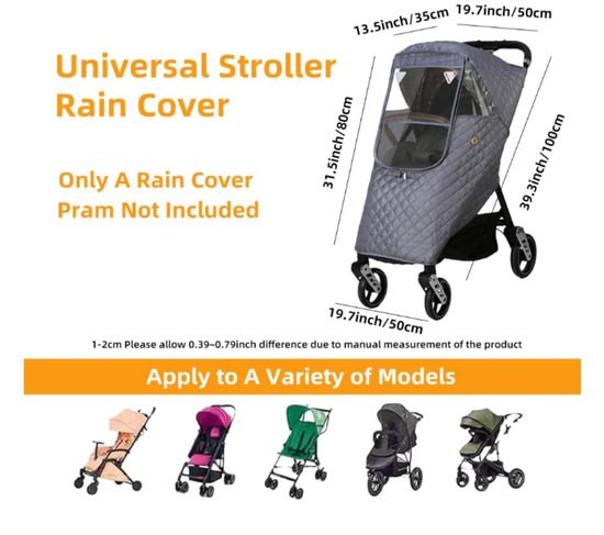 Regenhoes Kinderwagen - Winter Kinderwagen Regenhoes - Cover voor Kinderwagen - Universele Regenhoes Kinderwagen met Kijkvenster - Gewatteerde Weerbescherming - Winddicht en Warm - Waterdicht - bescherming tegen zon - Stof - Sneeuw - Grijs van Merkloos — afbeelding 5