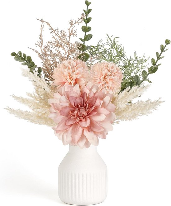 Zijden Bloemen in Keramische Vaas - Zijdebloemstuk voor Woondecoratie Binnenshuis - Tafeldecoratie Eetkamer en Woonkamer