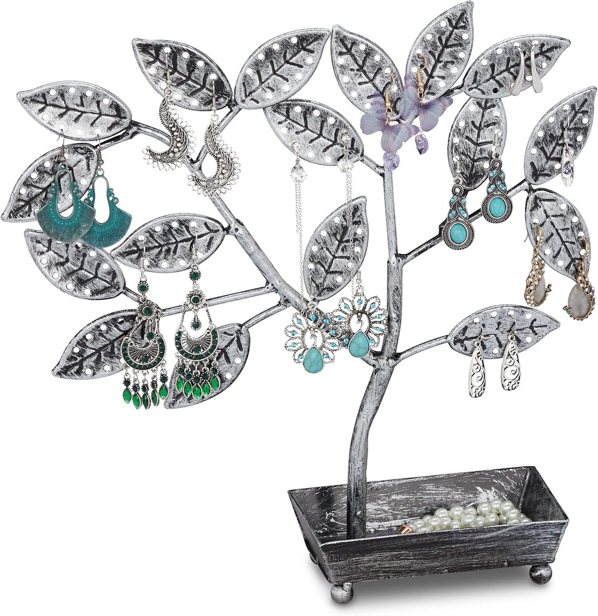 Famanu - Sieradenhouder boomvorm met opbergbakje, voor kettingen en tot 68 paar oorbellen, decoratief metalen organizer