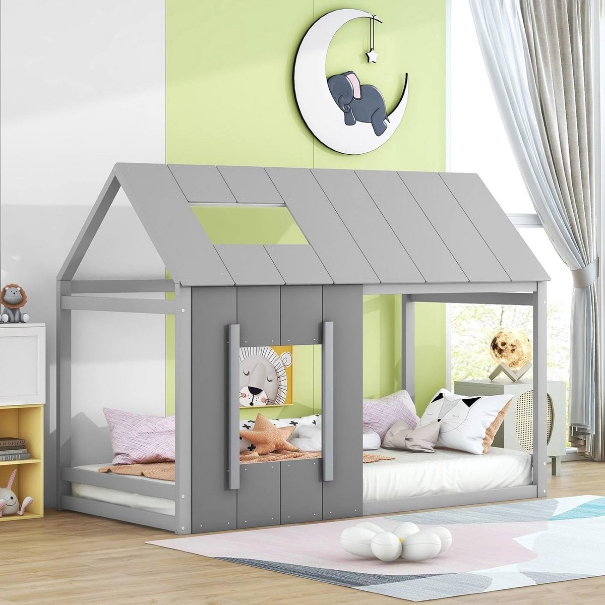 Kinderbed Huisvorm 90x200 cm met Dak en Raam - Tienerbed inclusief Lattenbodem