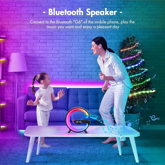 Slim Nachtlampje met Draadloze Oplader, Wekker en Bluetooth Speaker - Dimbaar Sfeerlicht — afbeelding 3