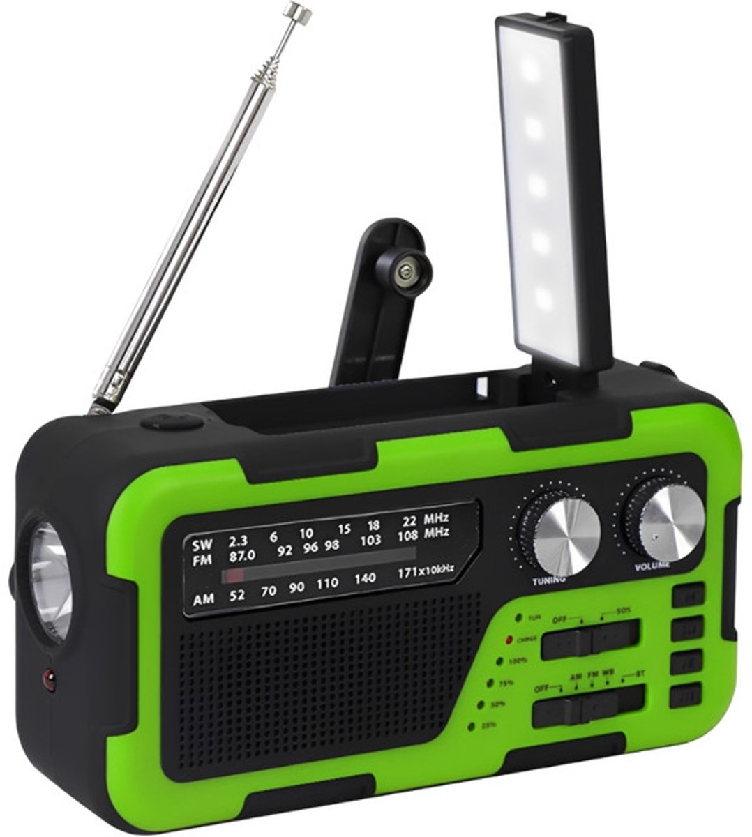 Noodradio - noodradio solar opwindbaar - Radio - opwindbare radio - Oplaadbare radio - 2000mAh - Groen