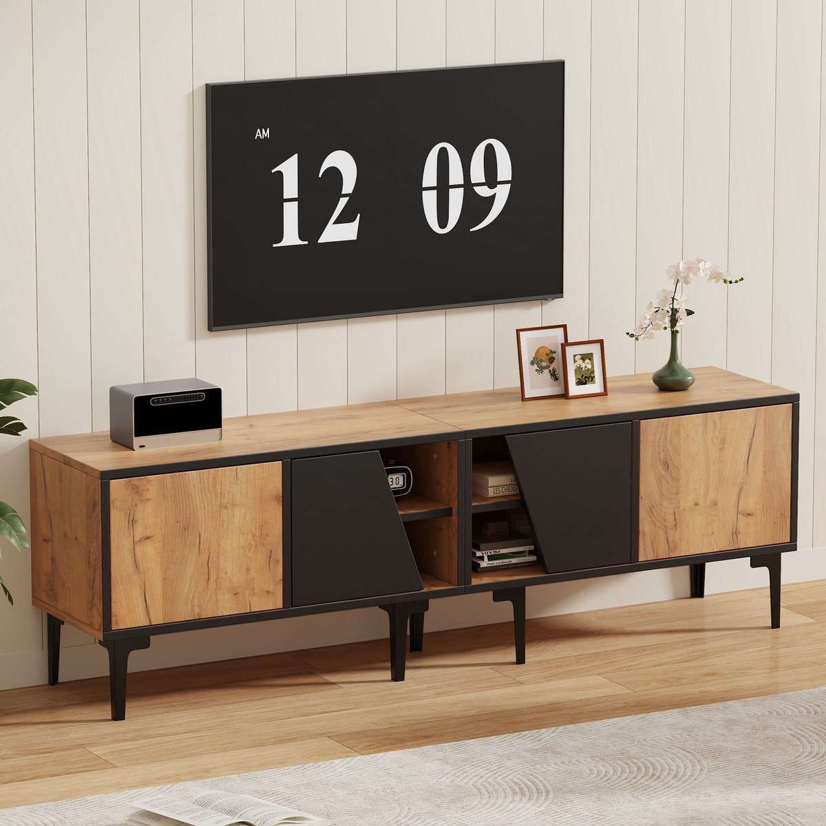 OKWISH TV-Meubel – 4 Vakken – Zonder LED – Diagonale Deuren Met Opbergruimte – Spaanplaat Lichtbruin+Zwart – 160 x 36,5 x 45 cm – Geschikt Voor 65 inch Houtkleur