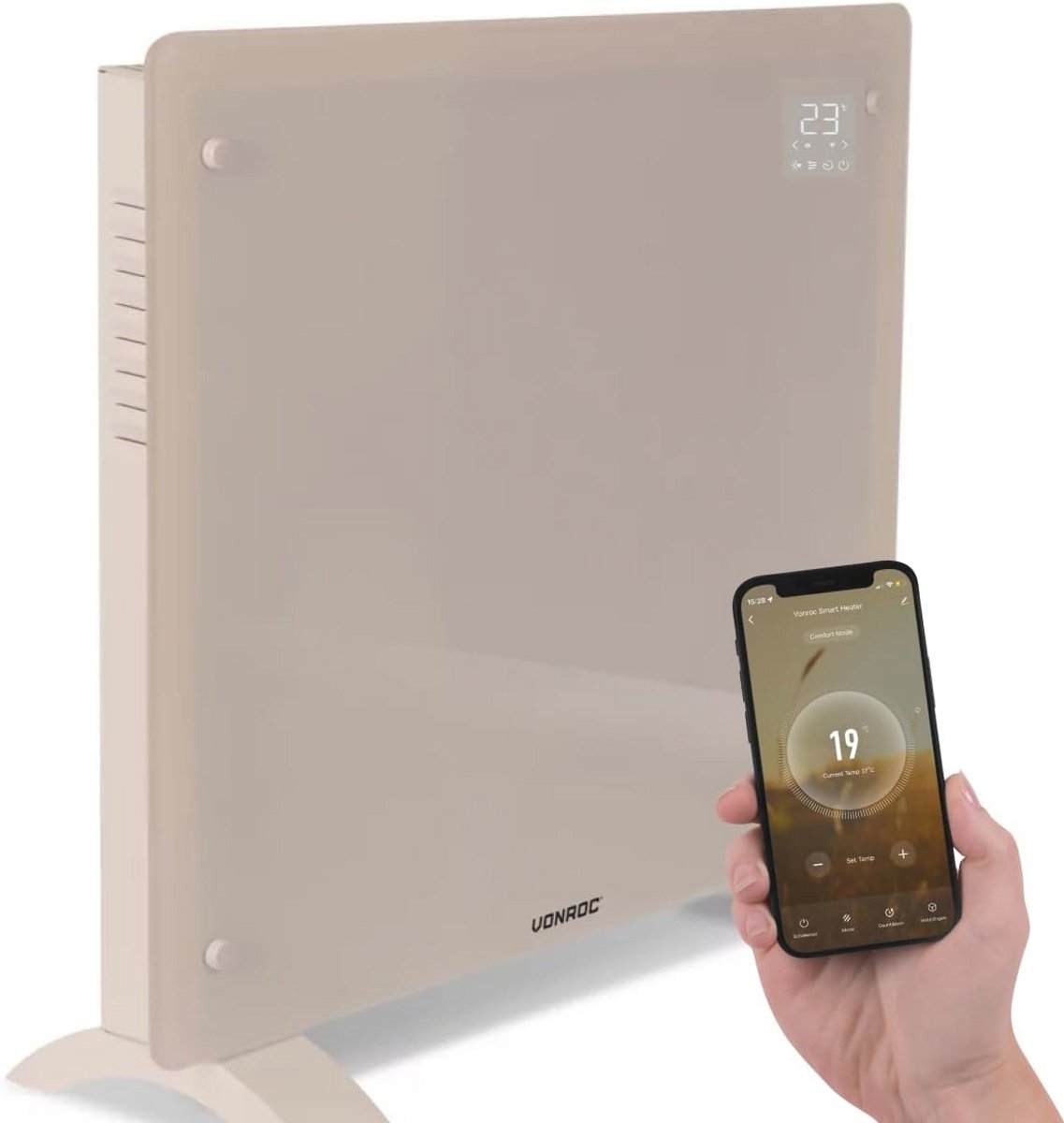 Luxe Elektrische Convector Heater - Verwarmt tot 12 m² - 500W/1000W met Wifi App Bediening - Instelbare Thermostaat en Timer - Beige