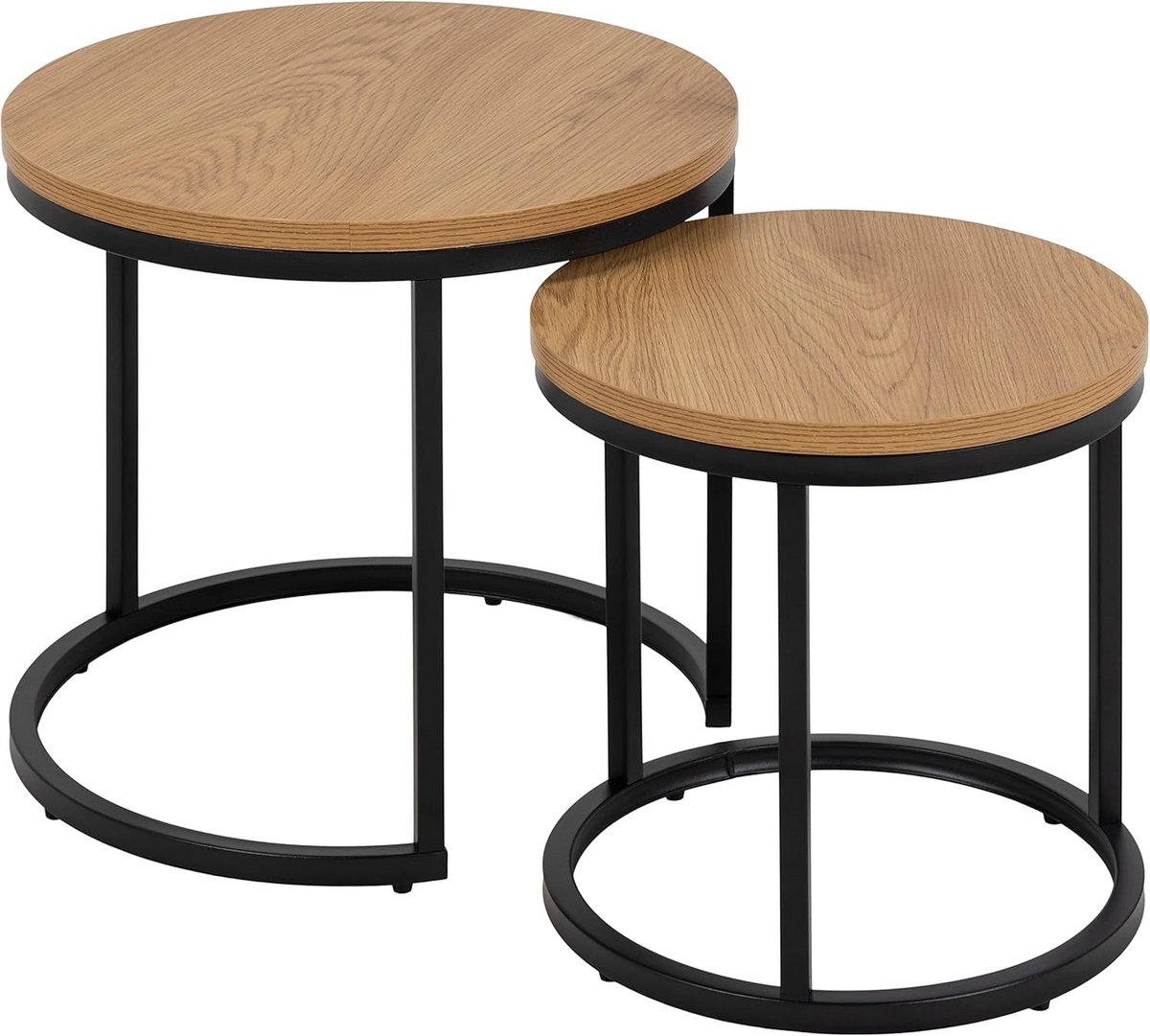 Set van 2 Ronde Bijzettafels met Wild Eiken Tafelblad en Zwarte Metalen Poten