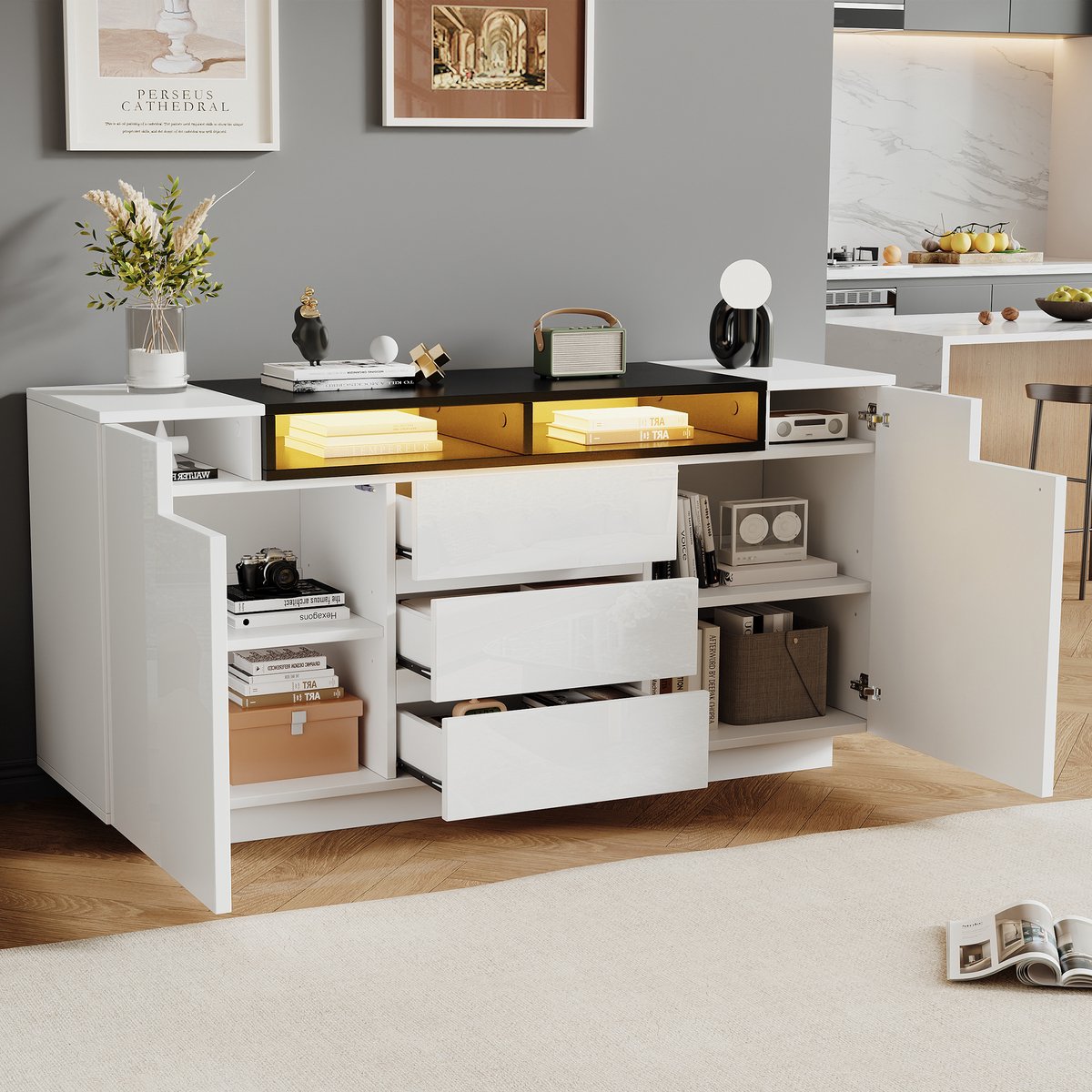 HAUSS SPOLE Dressoir – Hoogglans Sideboard Met LED-App-Bediening – L‑Vormige 2 Deuren, 3 Lades En 2 Halfopen Vakken – Spaanplaat – 140x40x68 cm – Wit/Zwart