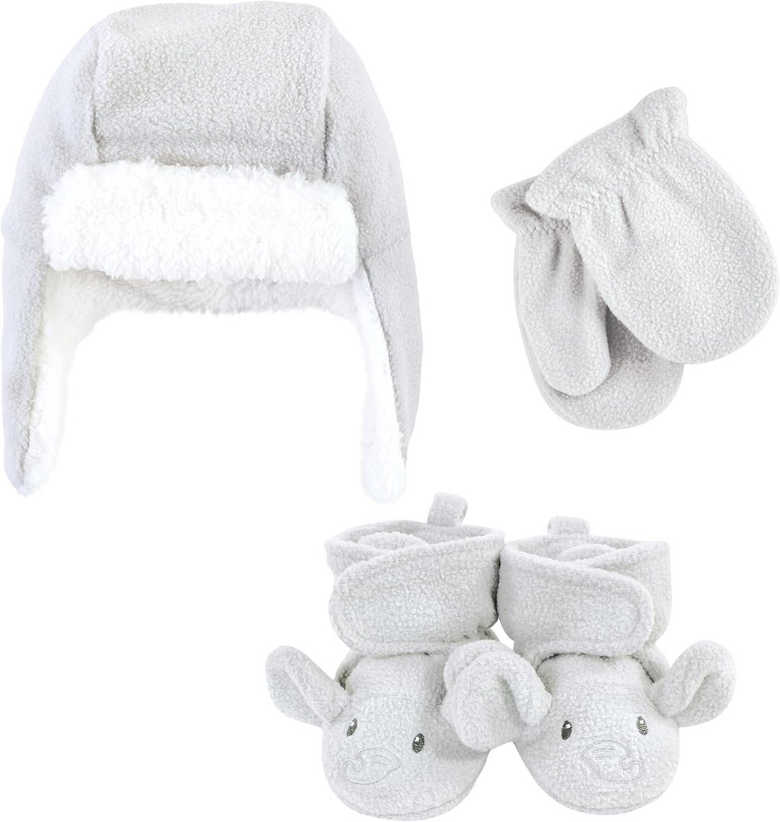 Warme Baby Set: Muts met Oorflappen, Wanten en Sokjes - Grijs Olifant